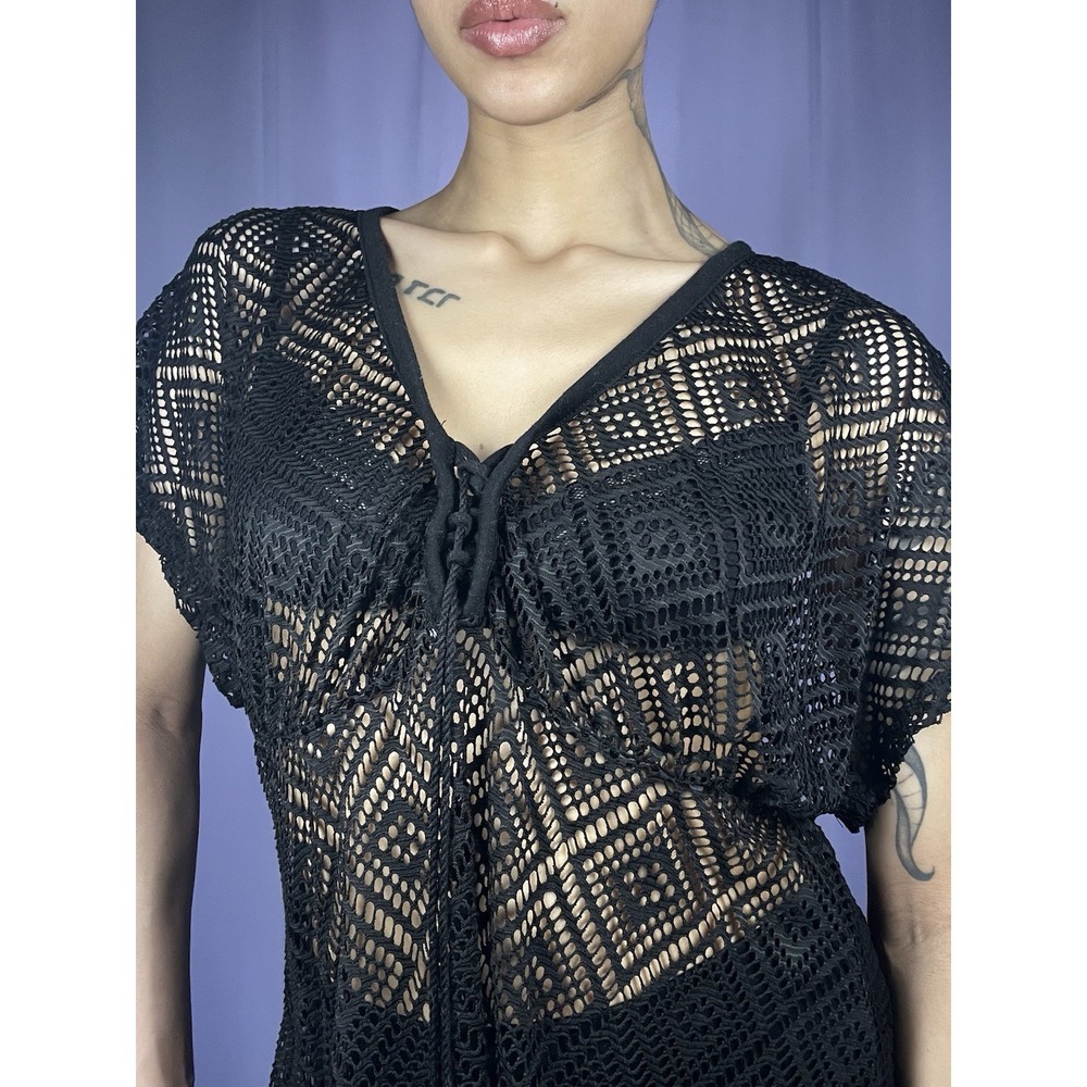 OP Black Lace Swimsuit Cover Up Women Size XL Crochet Drawstring Pool Beach Edgy